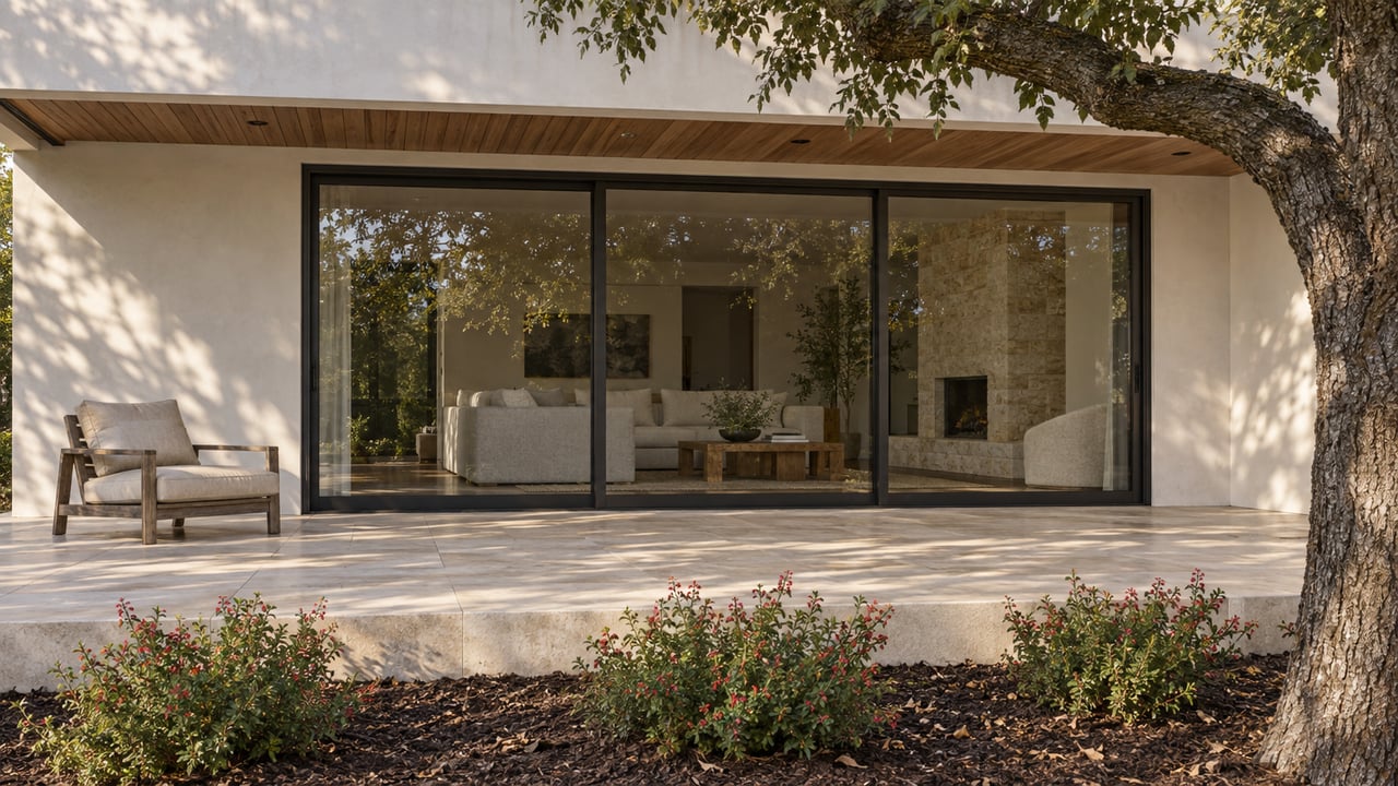 Covered limestone terrace beside a white plaster home, with bronze-framed glass doors, a teak lounge chair and a mature live oak.