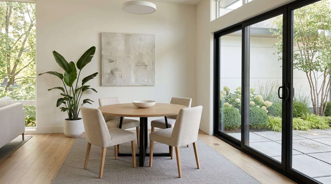 Dining area with light oak floors and a black sliding door opening onto a patio with shrubs and ornamental grasses.