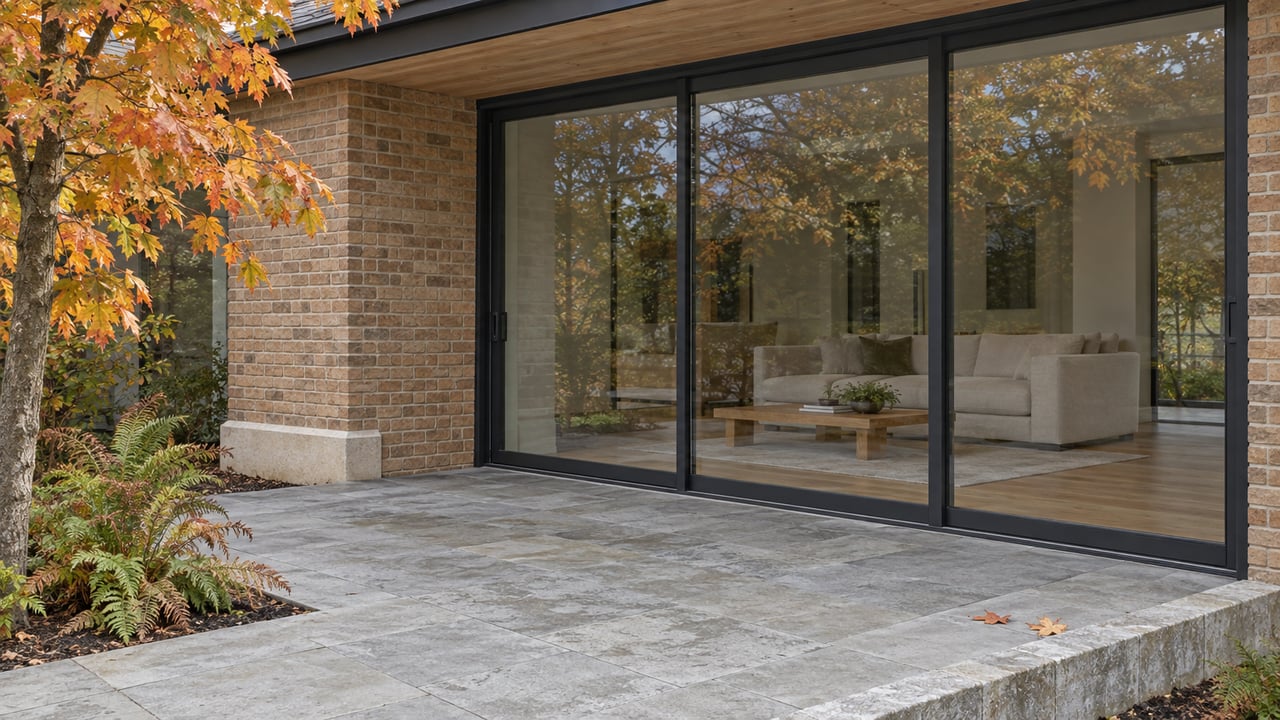 Brick and glass home opening onto a limestone terrace, with amber maple foliage and an enclosed ivory-furnished living room.