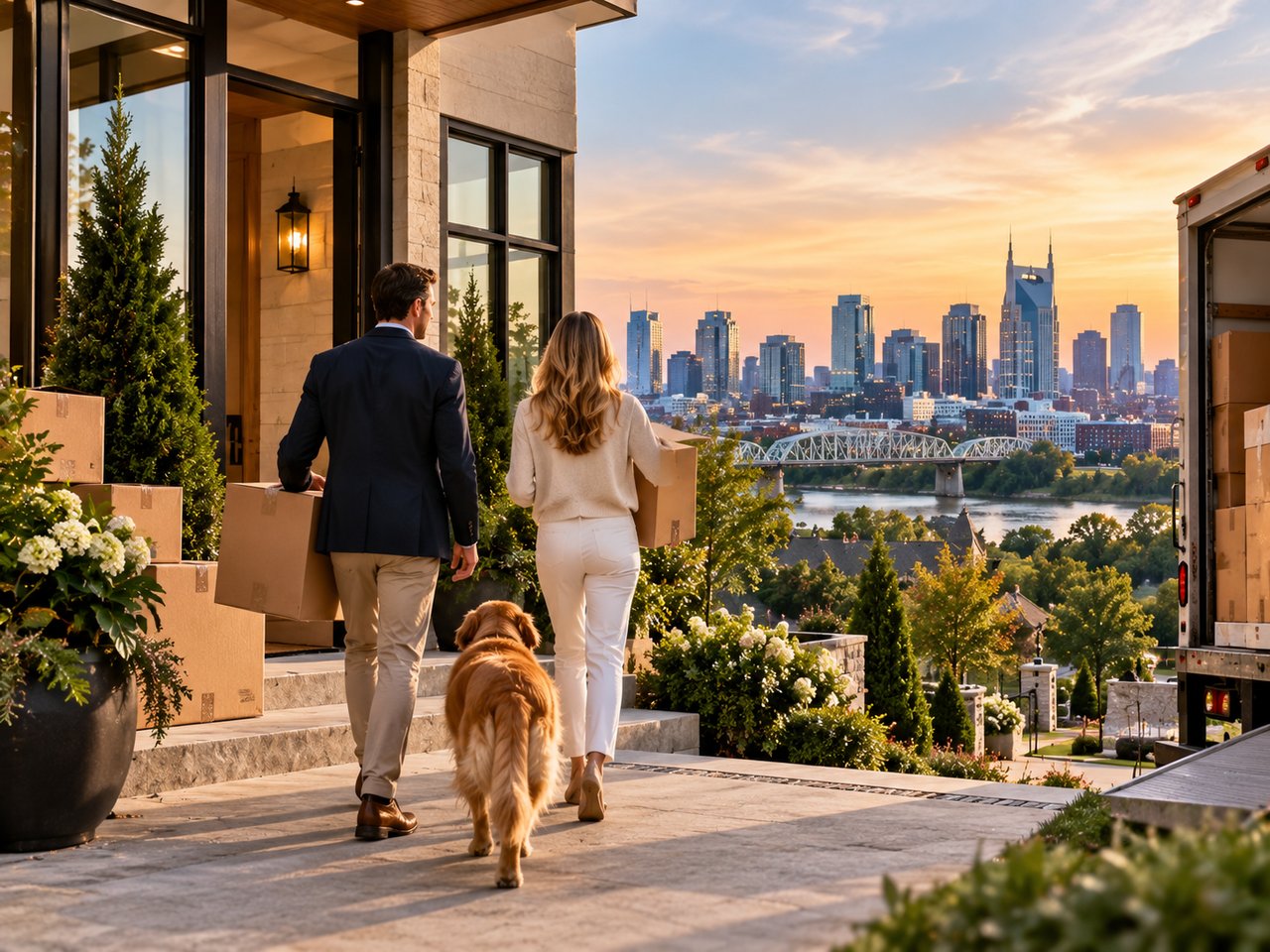 Couple relocating to Nashville with moving boxes and their dog outside a luxury home, featuring modern architecture and downtown skyline views, illustrating the 90-day luxury home-buying process for professionals moving to Tennessee.