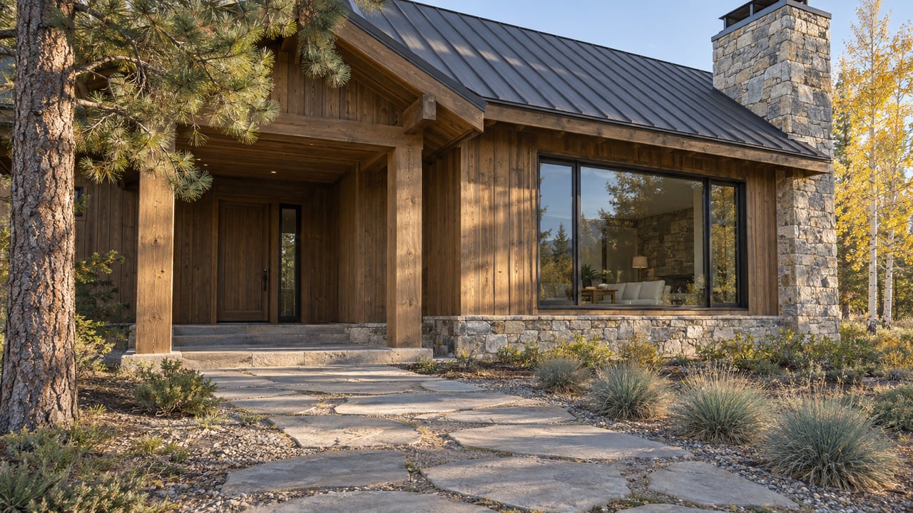 Timber-sided home with a recessed entry, broad picture window, stone chimney, and irregular stone approach.
