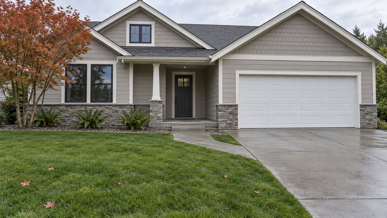 Taupe gabled home with a white double garage, damp concrete walk and autumn vine maple beside a deep green front lawn.