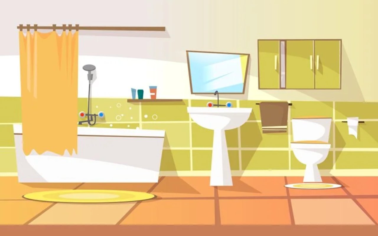 Illustrated bathroom with a bathtub, yellow shower curtain, pedestal sink, and toilet.