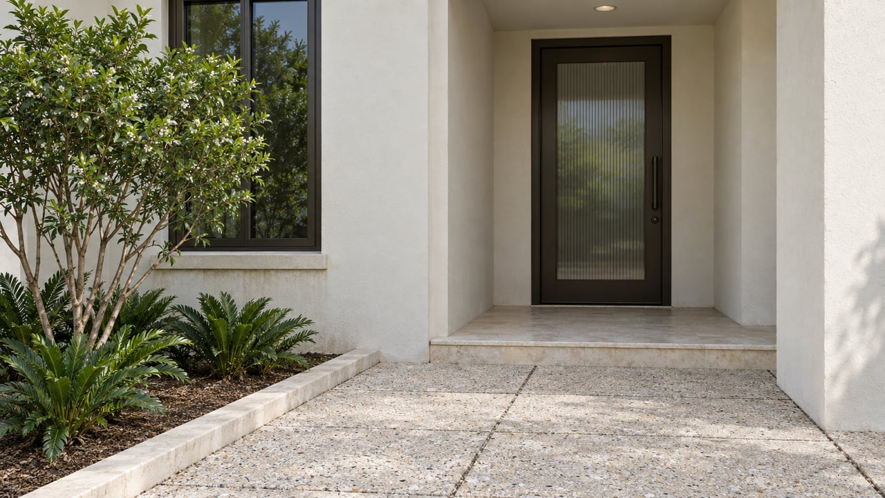 Recessed bronze-glass front door beside a tall window, with shell-flecked pavers and a planted bed.