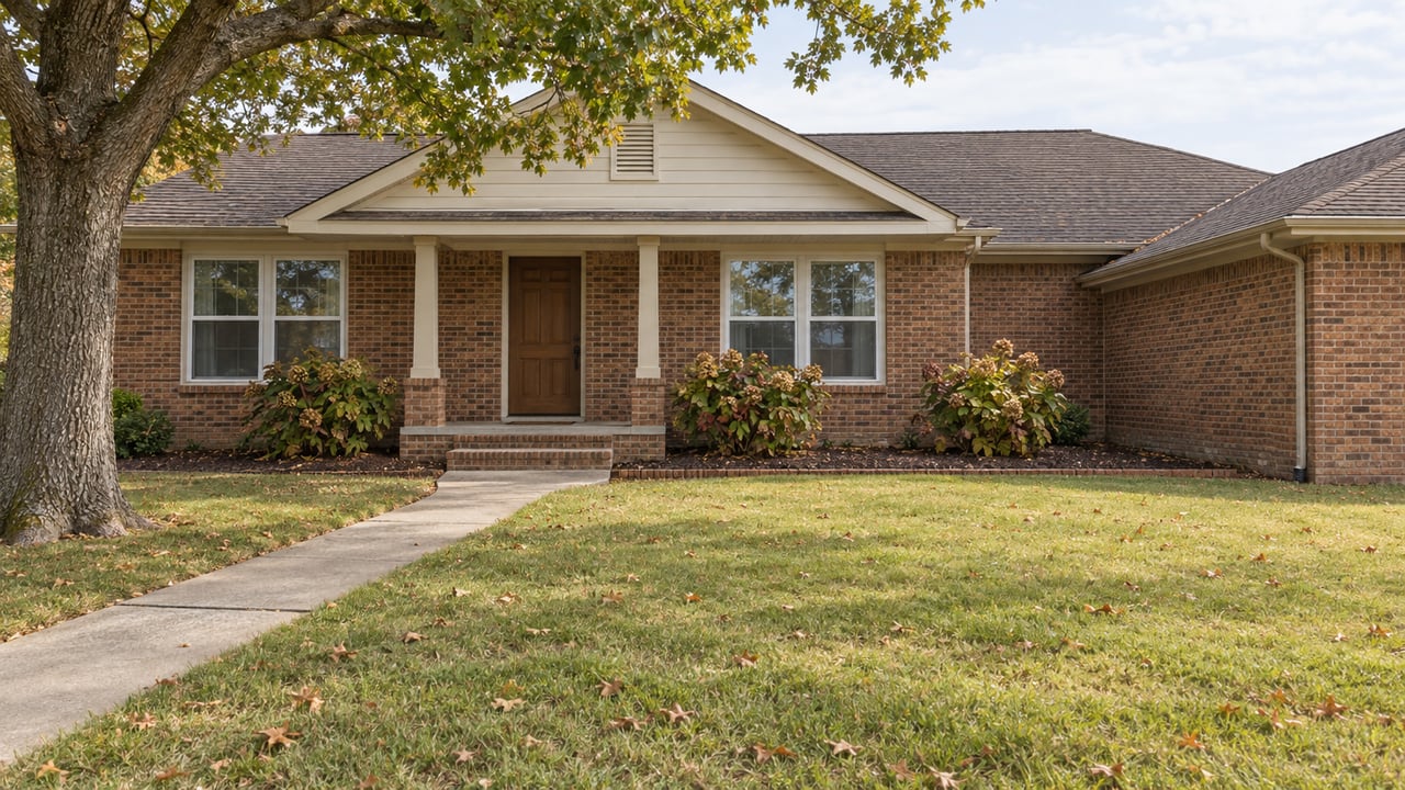 Single-story brick home with an ivory gable, covered entry, deep lawn and mature oak in soft autumn daylight.