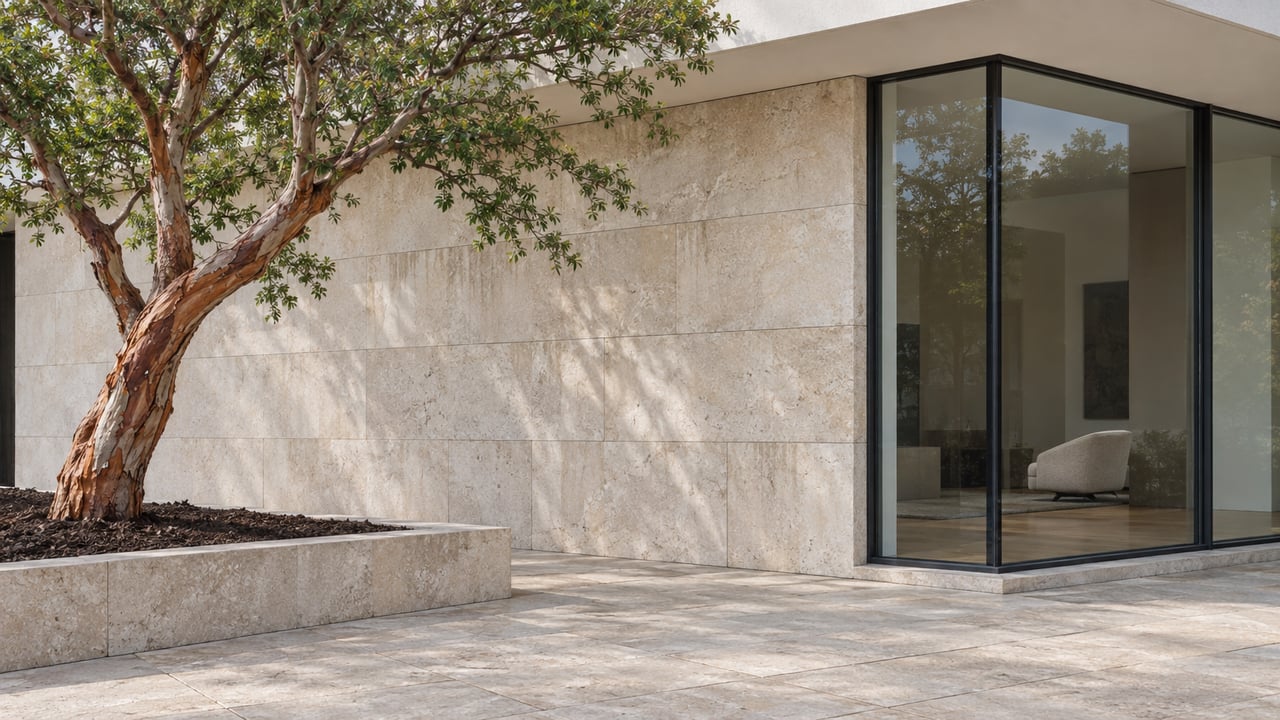 Limestone house corner with tall dark-framed glazing, a twisting copper-peeling tree, and a raised courtyard bed.