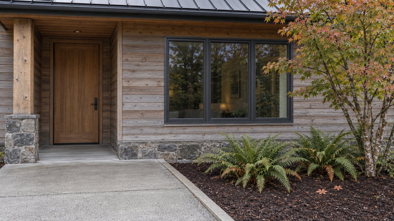 Cedar-clad home entry beside a broad window, a vine maple, and sword ferns in soft autumn daylight.