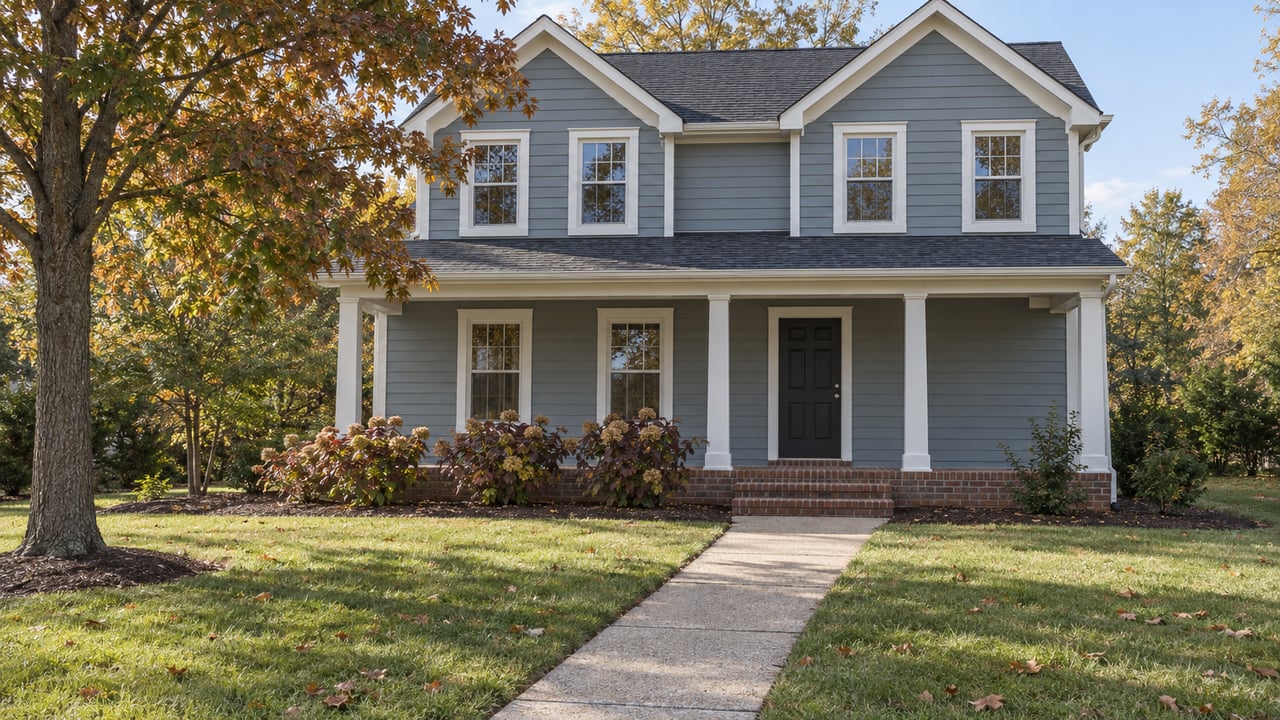 Blue-gray two-story home with white trim, a brick porch, and an oak shading a deep autumn lawn.