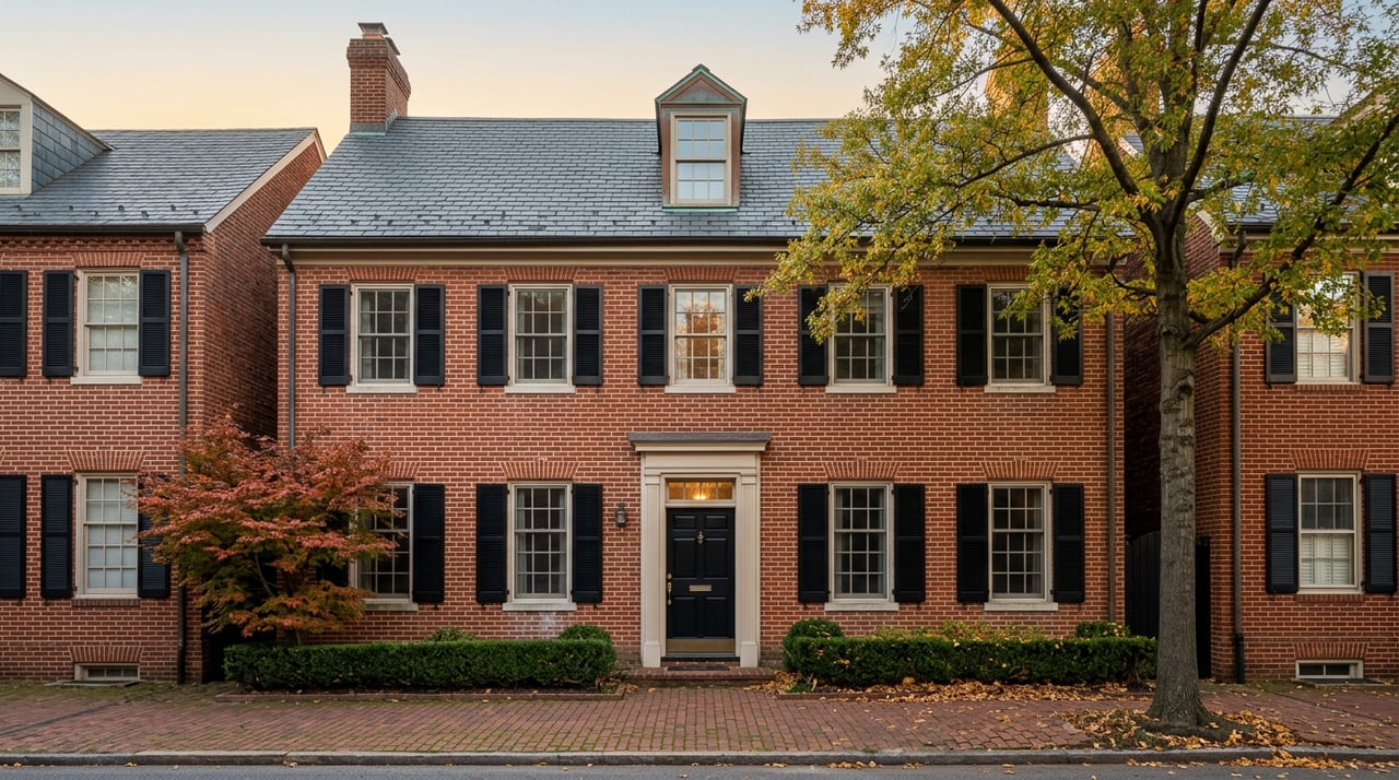 Three-story red-brick townhome with black shutters, a centered paneled door, and red-orange maple foliage.
