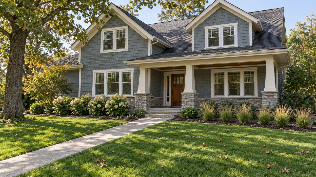 Blue-gray shingle house with overlapping gables, a covered porch, deep front lawn and an established oak.