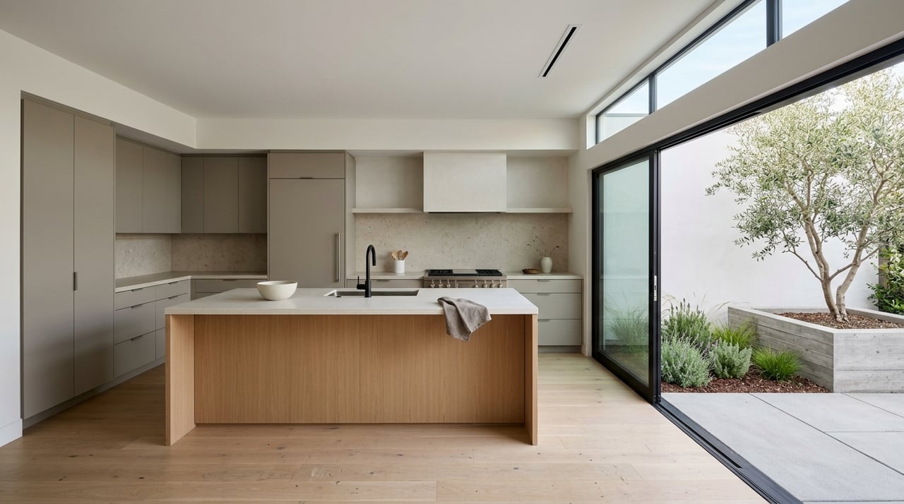 Kitchen threshold opening onto a patio, with an olive tree in a planter.