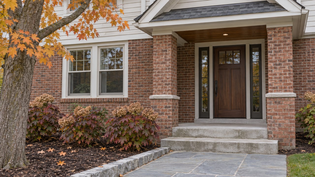 Autumn leaves beside a covered brick entry with ivory siding, a wood door and broad concrete steps.