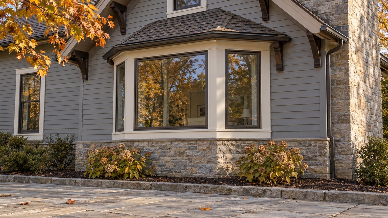 Autumn maple leaves frame a gray clapboard home's gabled window bay, limestone chimney and stone terrace.