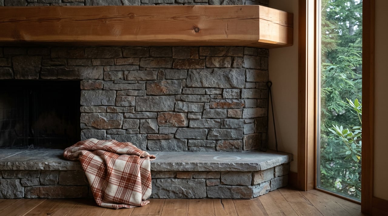 Stacked fieldstone fireplace meets a hand-hewn timber beam, with a plaid wool throw and evergreen foliage at the window.