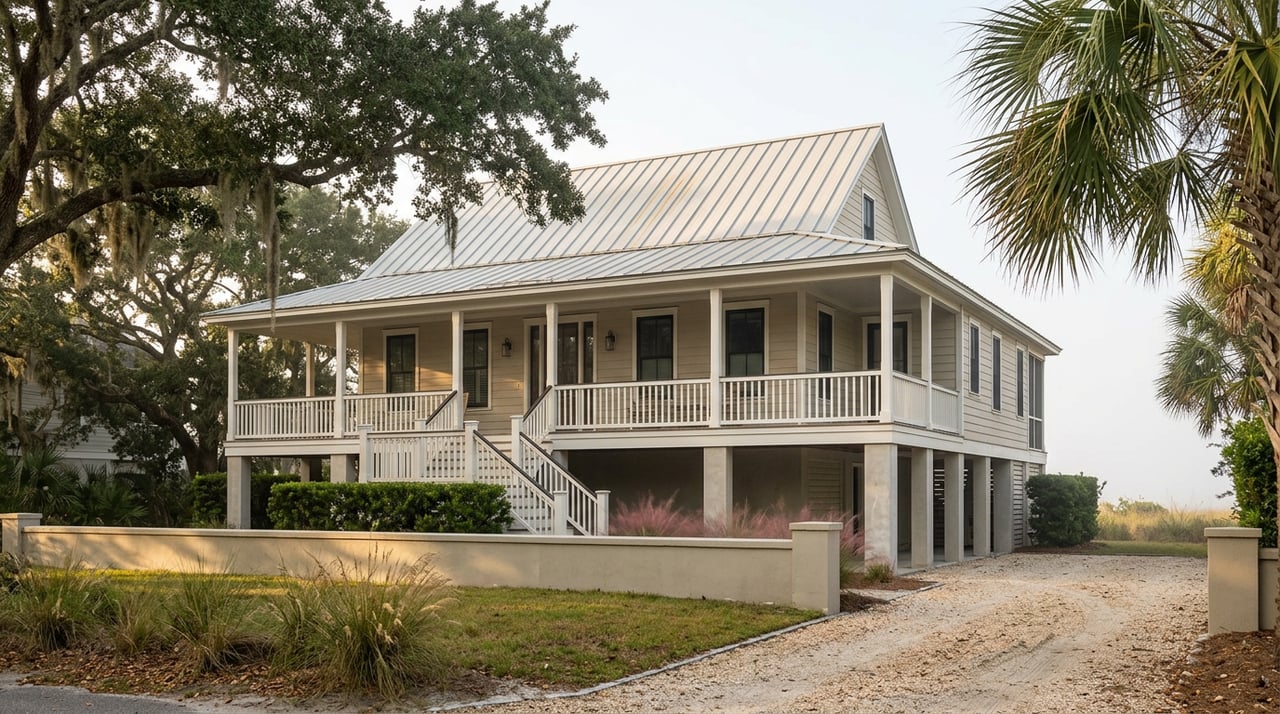 Elevated coastal cottage with a wraparound porch, beneath an oak canopy beside a shell driveway.