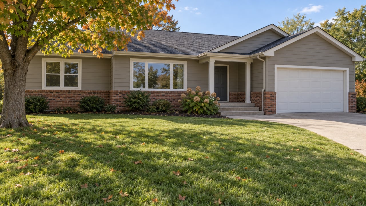 A maintained ranch home with gray lap siding, brick foundation, attached garage, broad lawn, and an autumn sugar maple.