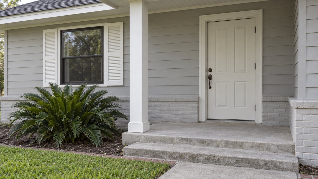 Bungalow porch with a closed off-white door, shuttered window, square post, concrete steps, and a cycad beside the walk.