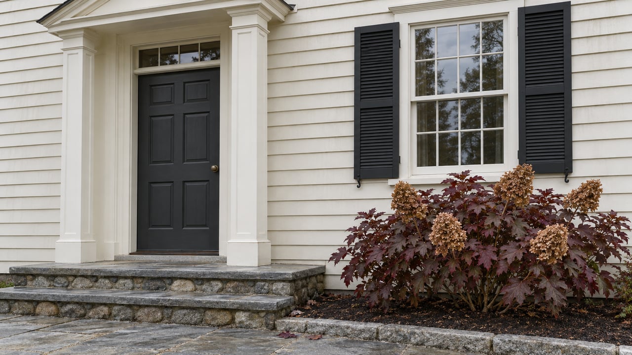 Ivory clapboard entrance with a charcoal paneled door, paired white pilasters, black window shutters and weathered stone steps beside oakleaf hydrangea.