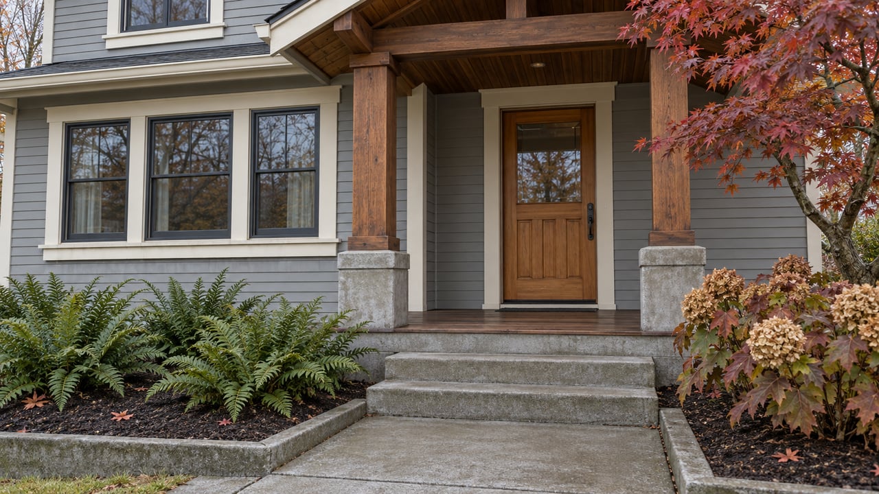 Gray clapboard home with a sheltered fir porch, oak entry door, concrete garden approach and autumn maple foliage.