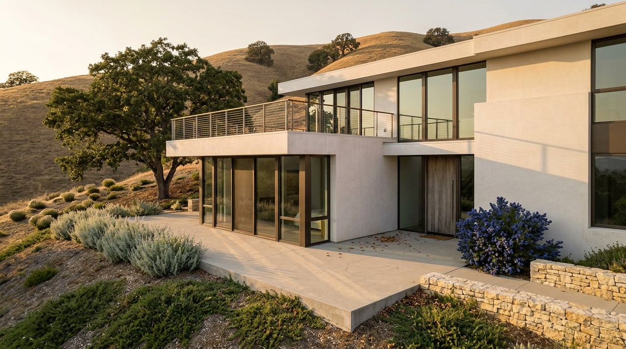 Contemporary stucco-and-glass hillside home with a spreading oak, concrete terrace, and golden ridge beyond.