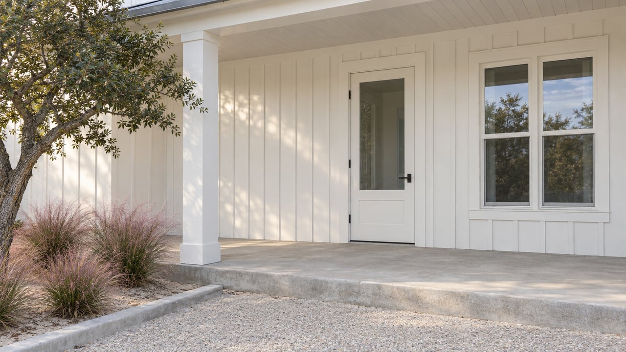 White board-and-batten home with a covered concrete entry porch, glazed door, and carefully spaced ornamental grasses beside a sand live oak.