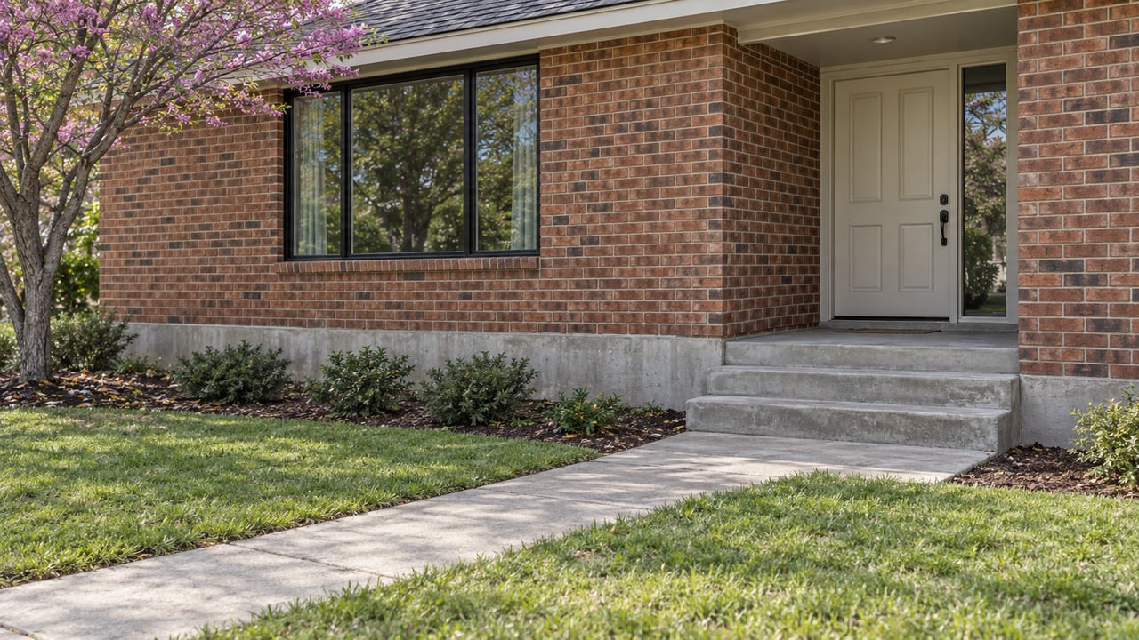 Red-brown brick home with an exposed concrete foundation, three porch steps, and a front lawn.