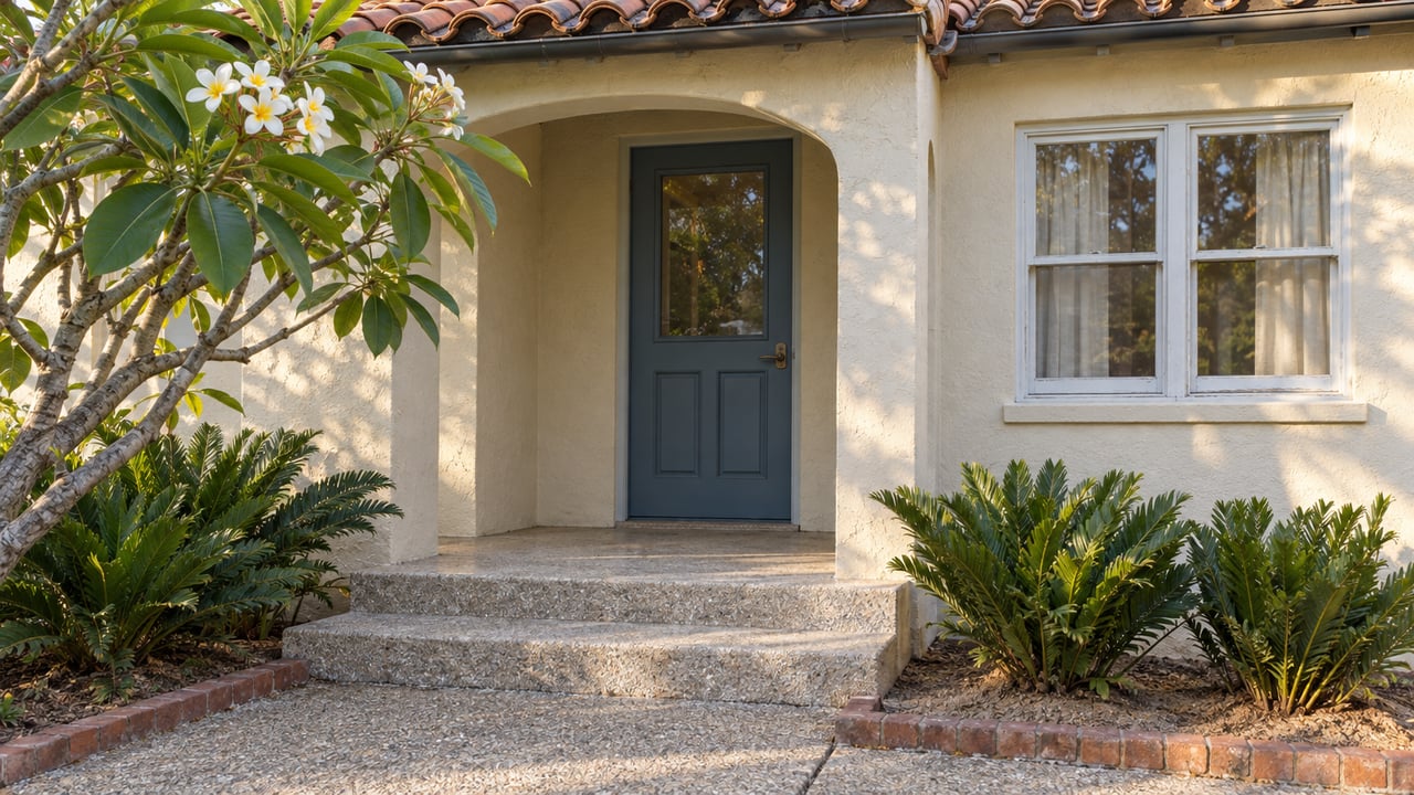 Cream stucco home with a clay-tile porch, muted blue front door, shell-concrete steps and a flowering tree beside the approach.