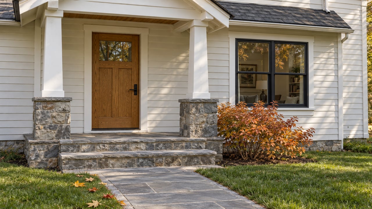 White clapboard home with an oak front door, black-framed window, gray stone porch steps and copper-orange autumn planting.