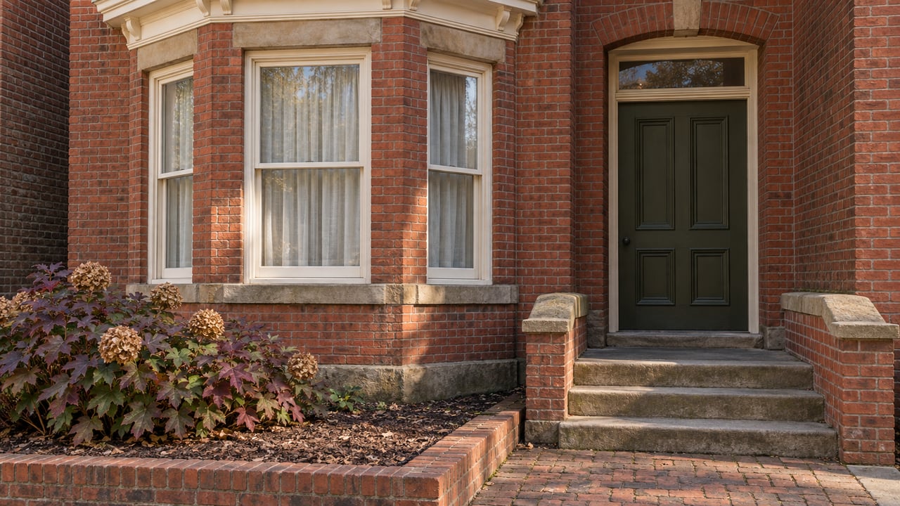 Autumn morning light on a red-brick home's ivory-trimmed bay windows, olive front door and worn stone stoop beside an oakleaf hydrangea.