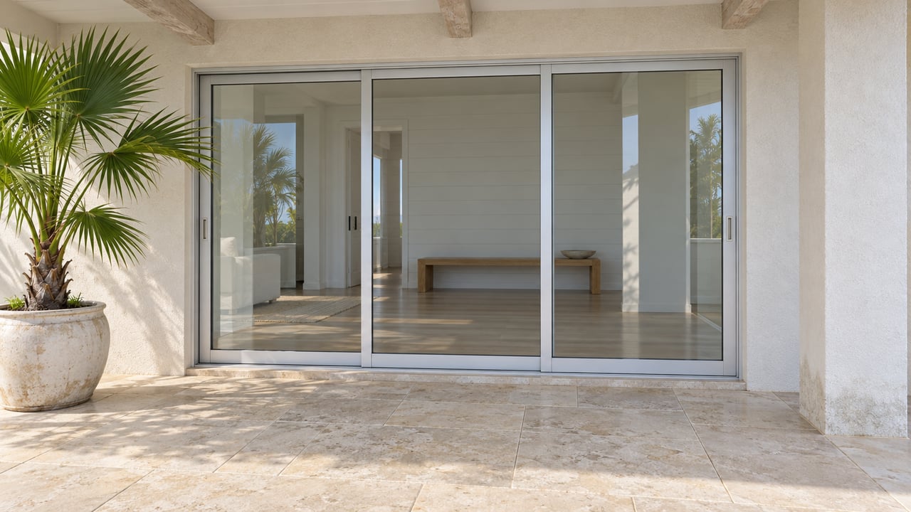 Sunlit covered terrace with limestone paving, closed glass doors and a single fan palm beside a pale stucco facade.