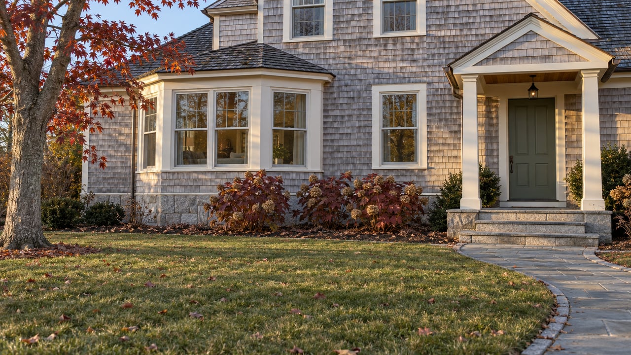 Weathered cedar-shingle home with ivory window trim, a sheltered green door and bluestone approach across an autumn lawn.