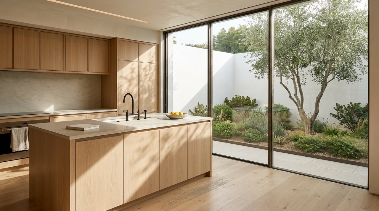 Oak kitchen with limestone island, sink, lemons, and glass wall overlooking a planted courtyard.