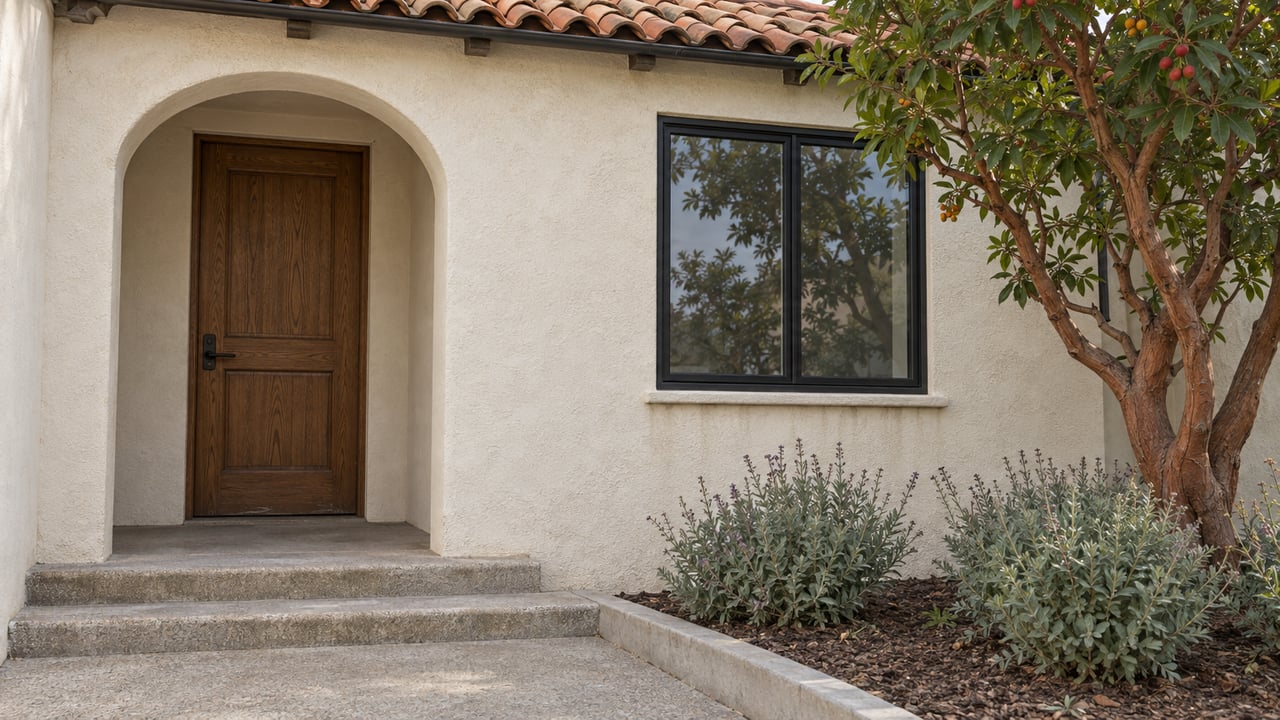 Cream stucco home with a recessed arched oak door, terracotta eaves, black-framed window and a small planted entry bed.