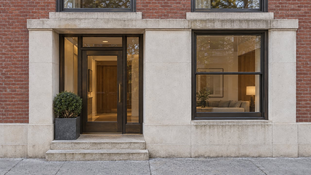Red-brick residence with a recessed bronze-and-glass entry, limestone steps, and a clipped yew in a planter.
