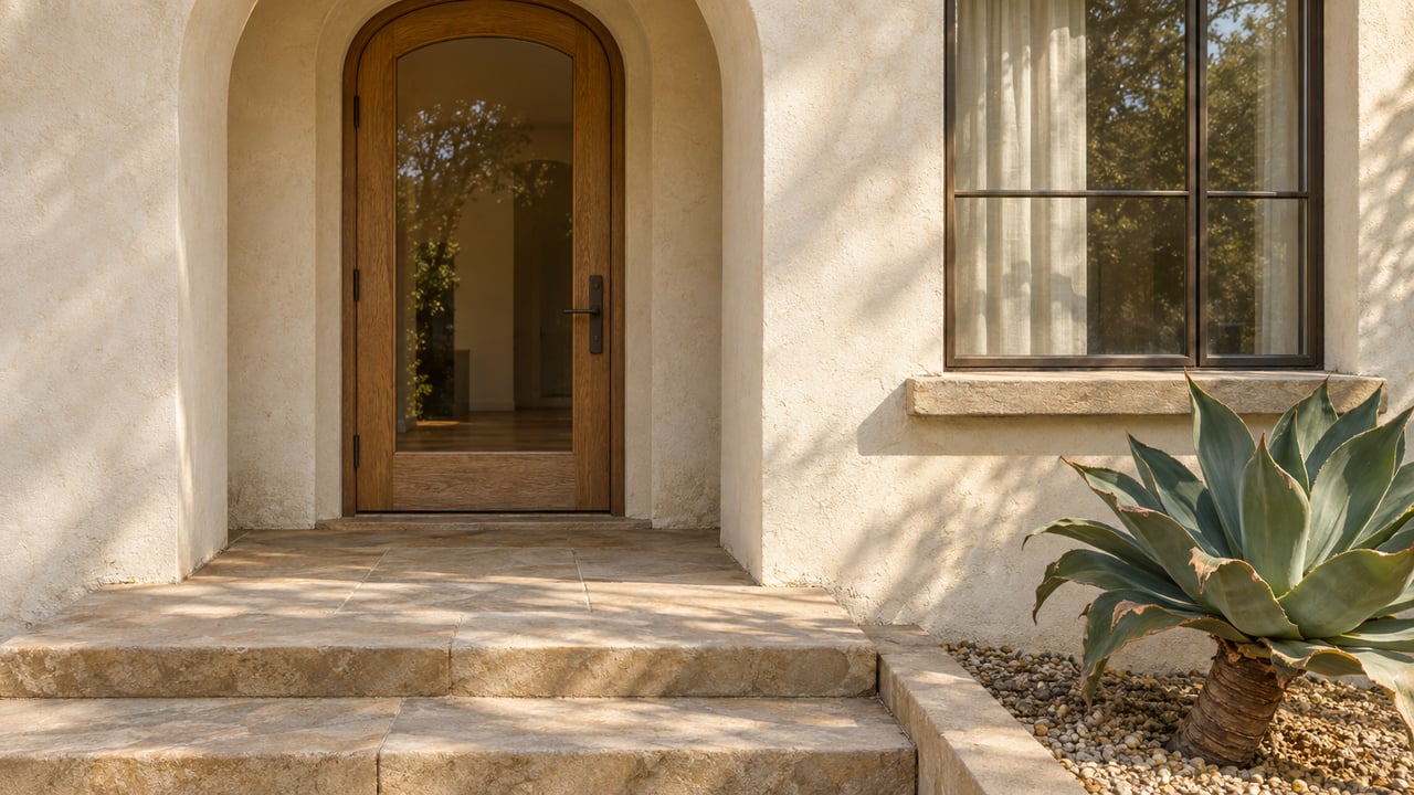 Stucco home entrance with an arched wooden glass door, stone steps, and a large agave.