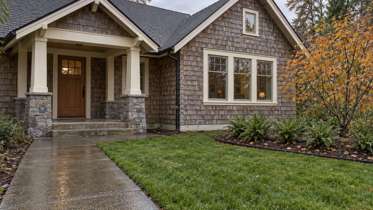 Rain-darkened garden walk approaches a cedar-shingle home with a covered porch, stone piers and a copper-leaved vine maple.