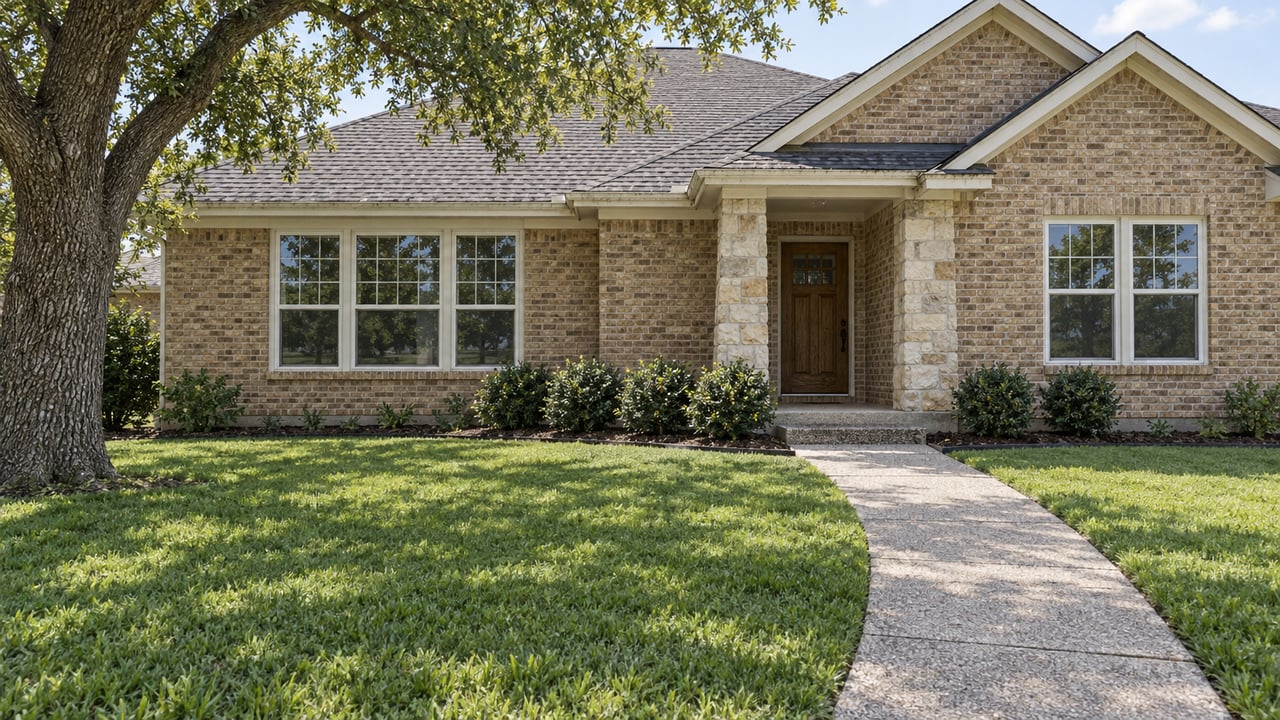 Buff-brick single-story home with gabled roofs, a recessed stone porch, a broad lawn and an oak beside the front walk.