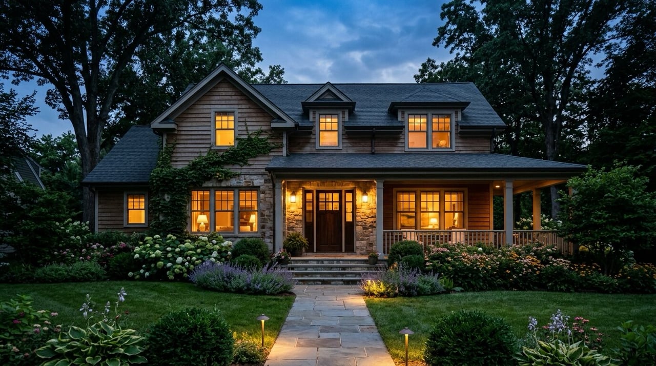 Two-story Hill Country style home with limestone and a metal roof at twilight, home value in Leander, TX