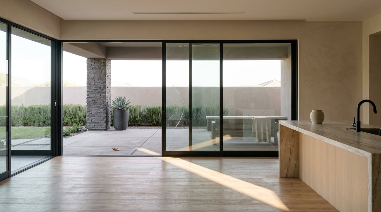 Great room with a veined-stone island, oak floors, and glass doors opening onto a planted courtyard patio.