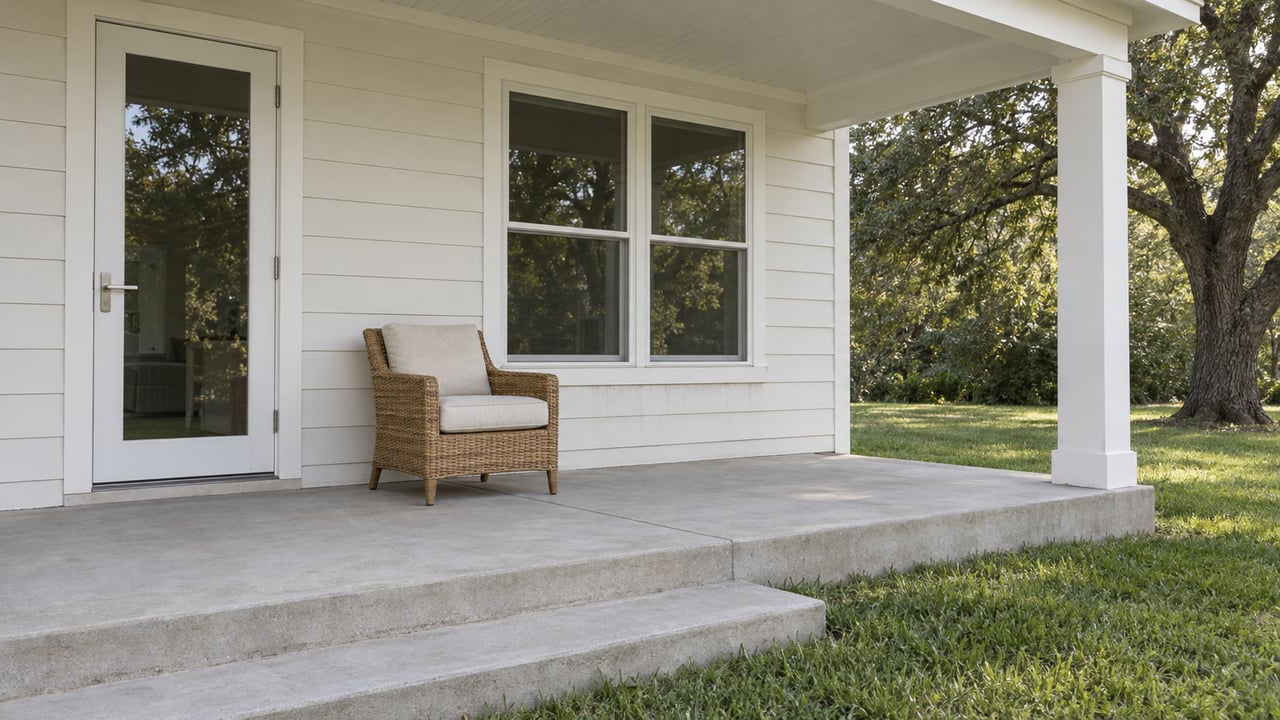 Light-clad home's covered porch with a woven chair, closed glass door, paired window and concrete steps beside a mature live oak and lawn.