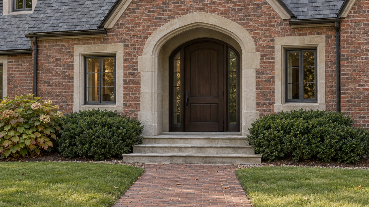 Brick estate entry with a limestone arch, dark oak door, broad steps, clipped shrubs, and a deep front lawn.
