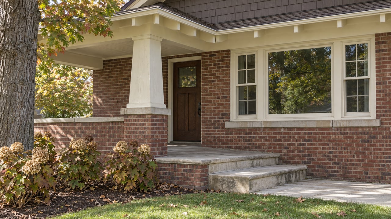 Brick bungalow porch with an ivory tapered support, oak front door, divided-light window and limestone steps beside autumn oakleaf hydrangeas.