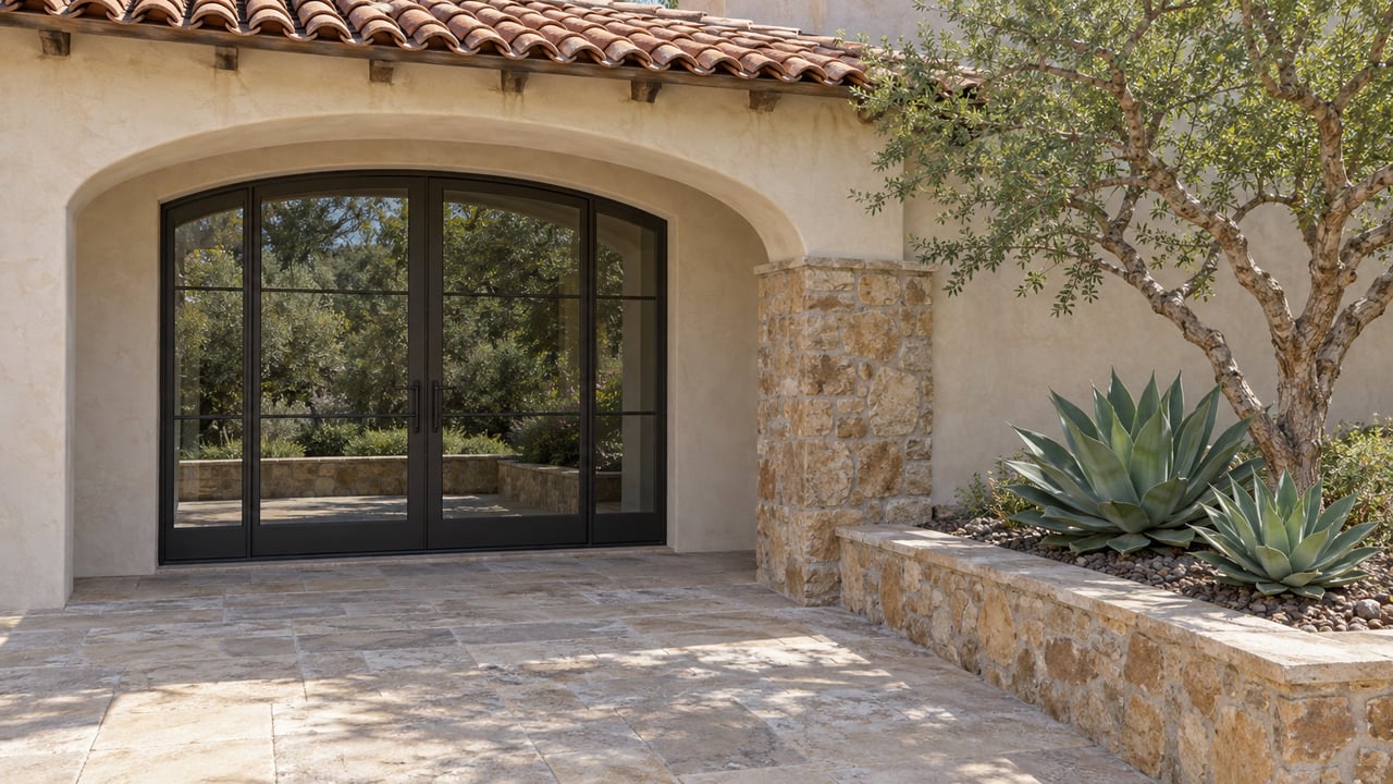 Cream stucco terrace with an arched pair of glazed doors, warm stone masonry and sculptural dry-climate planting.