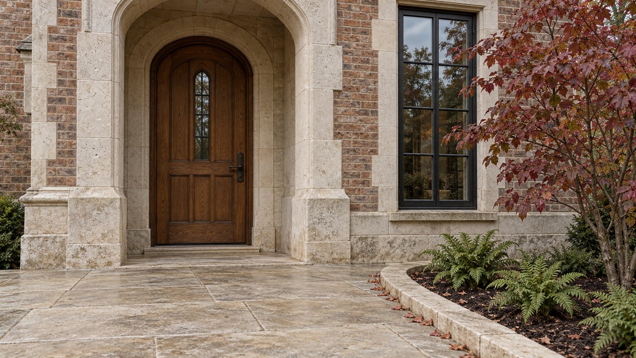 An arched oak entrance framed in limestone beside warm brick and a dark divided-pane window, with autumn dogwood leaves bordering the stone terrace.