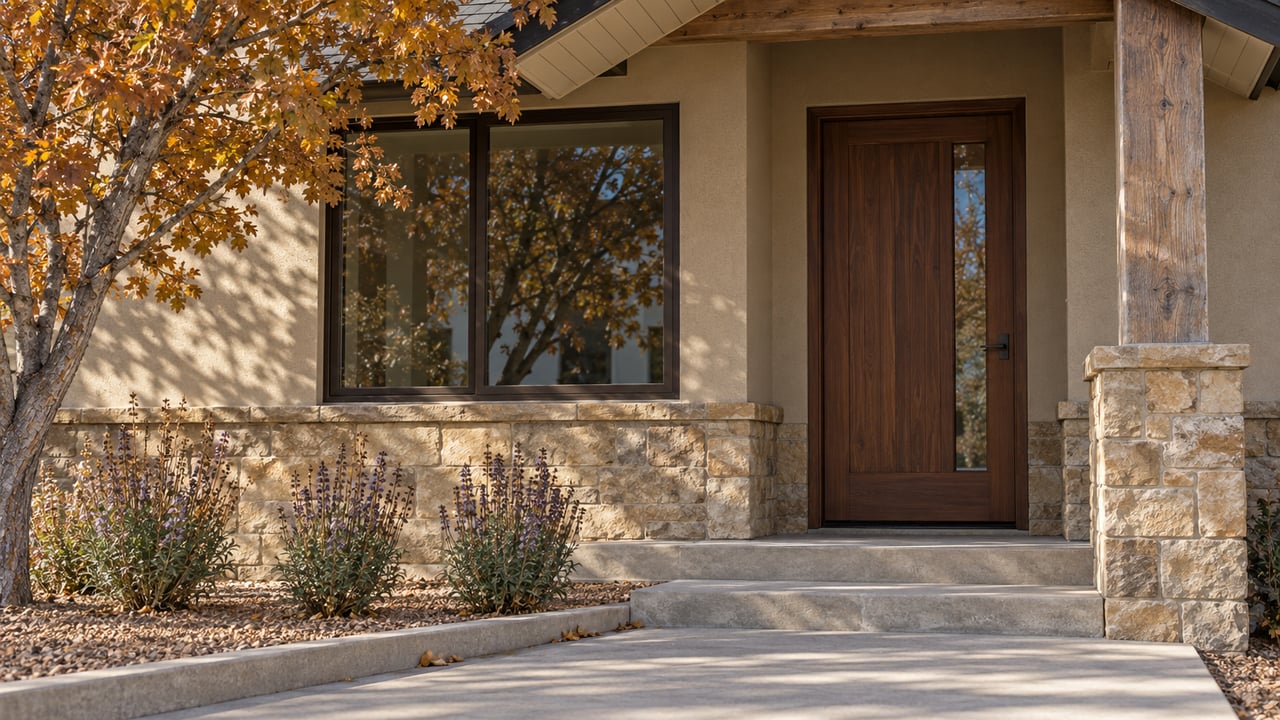 Recessed wood entry beneath a shingled porch, with sandstone steps and rust-gold oak leaves beside the walk.