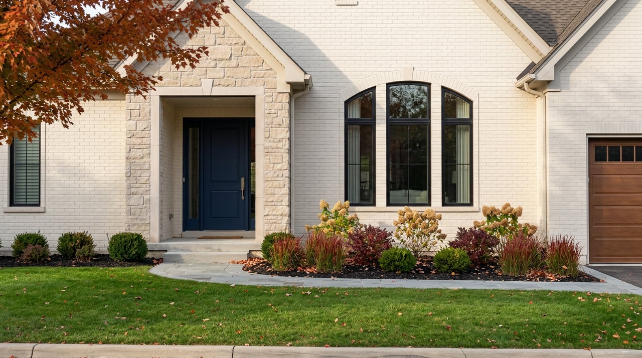 Warm-white suburban home with navy entry, arched windows, broad lawn, and orange-red maple canopy.