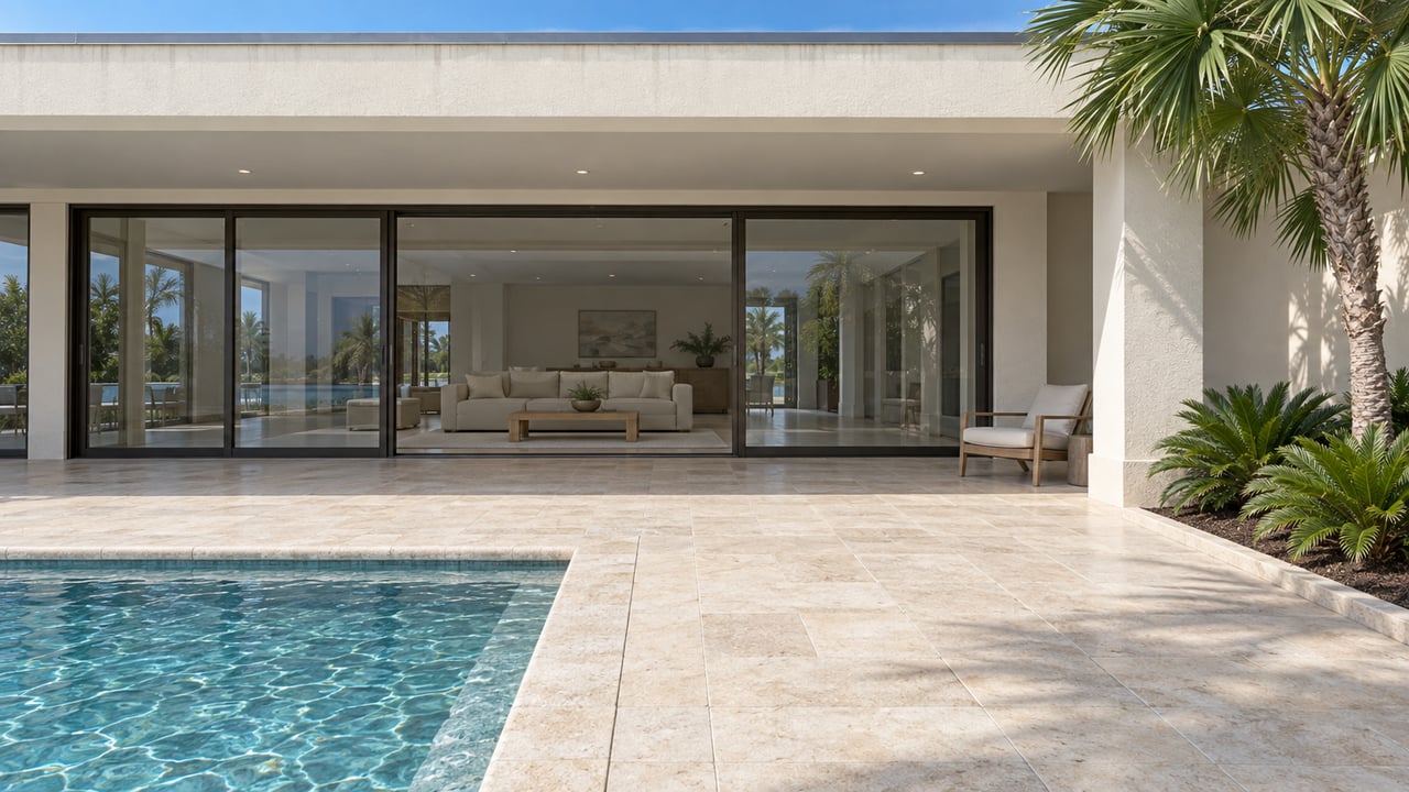 Low-angle view across a limestone pool terrace toward a cream stucco home with dark-framed glass doors and a covered lanai.