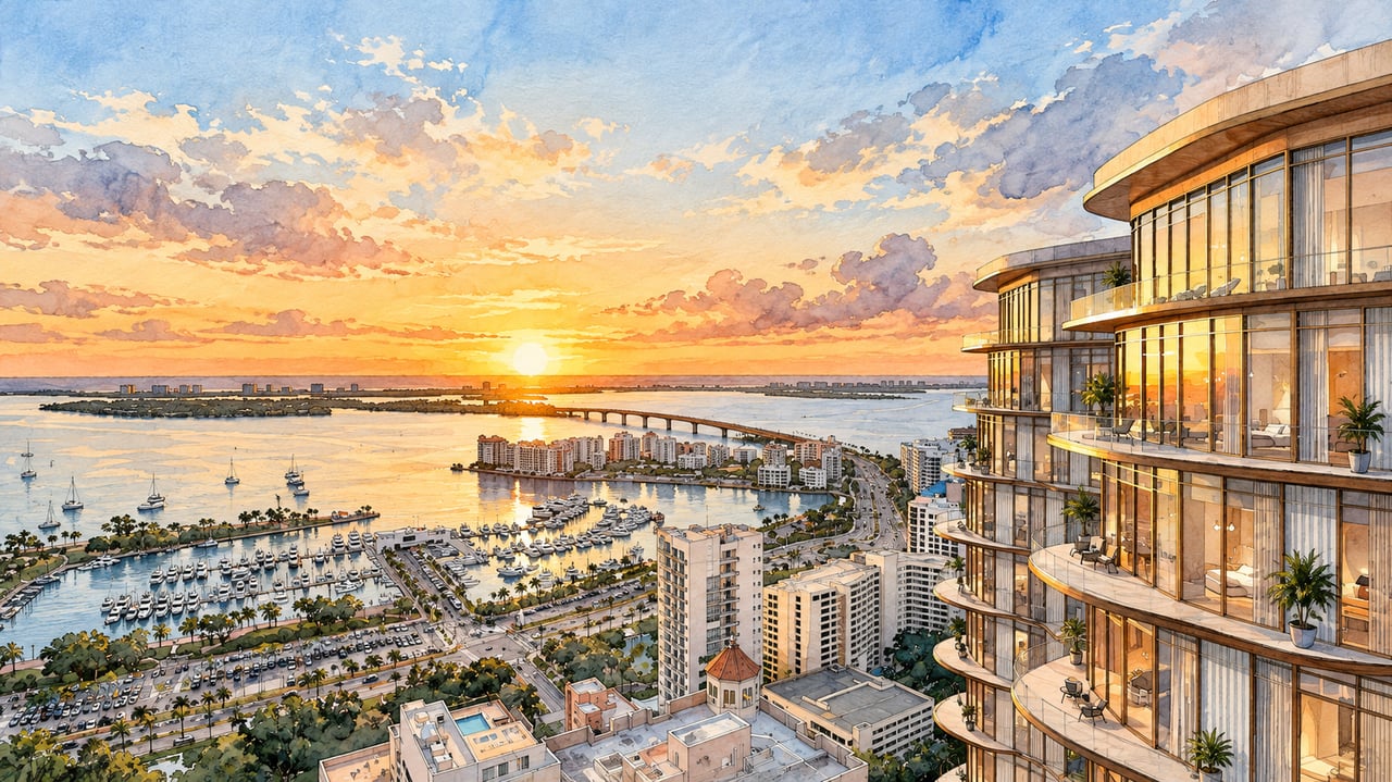 Rendering of curved glass residences overlooking Sarasota’s marina and bay at sunset.