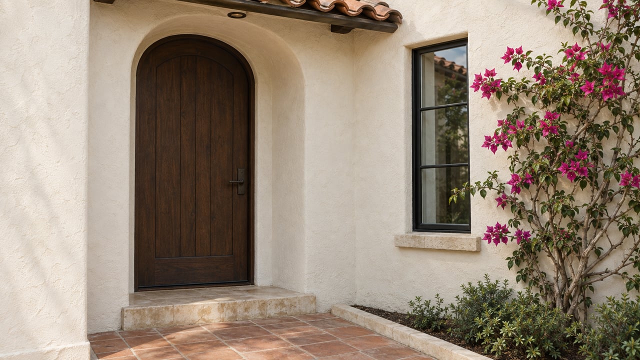 Cream stucco entry with an arched oak door, terracotta tiles, and magenta bougainvillea beside a narrow window.