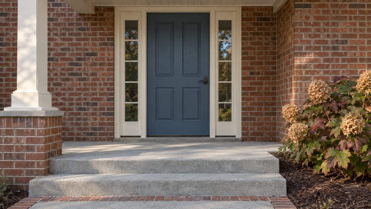 Brick home entrance with a blue paneled door, glass sidelights, and broad concrete steps.
